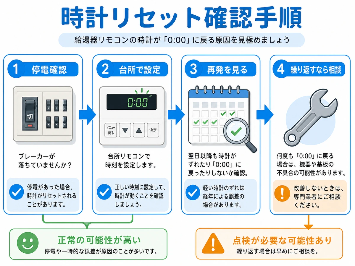 給湯器リモコンの時計リセット確認手順