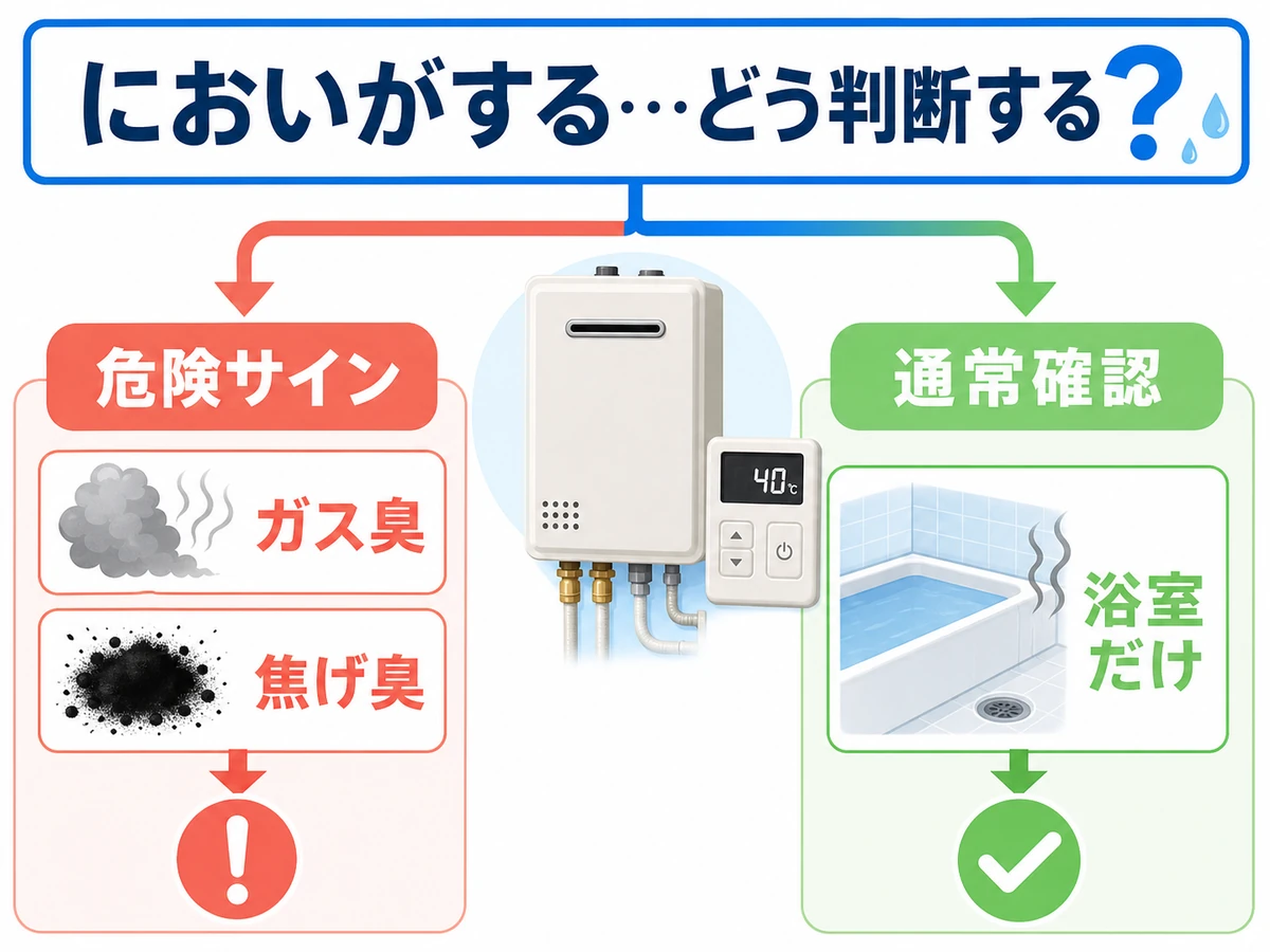 給湯器の危険なにおいと通常確認を分ける判断図