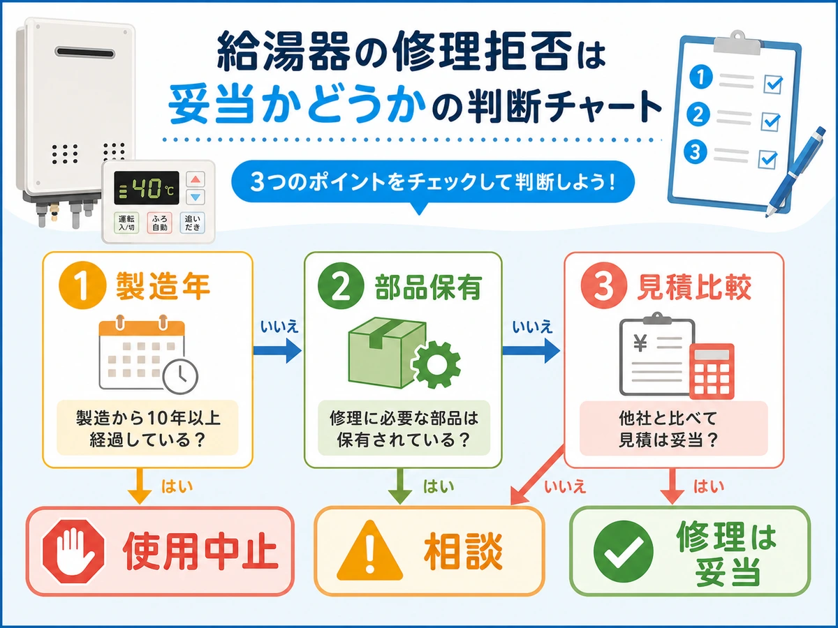 給湯器の修理拒否が妥当か製造年と部品保有と見積もりで判断する図