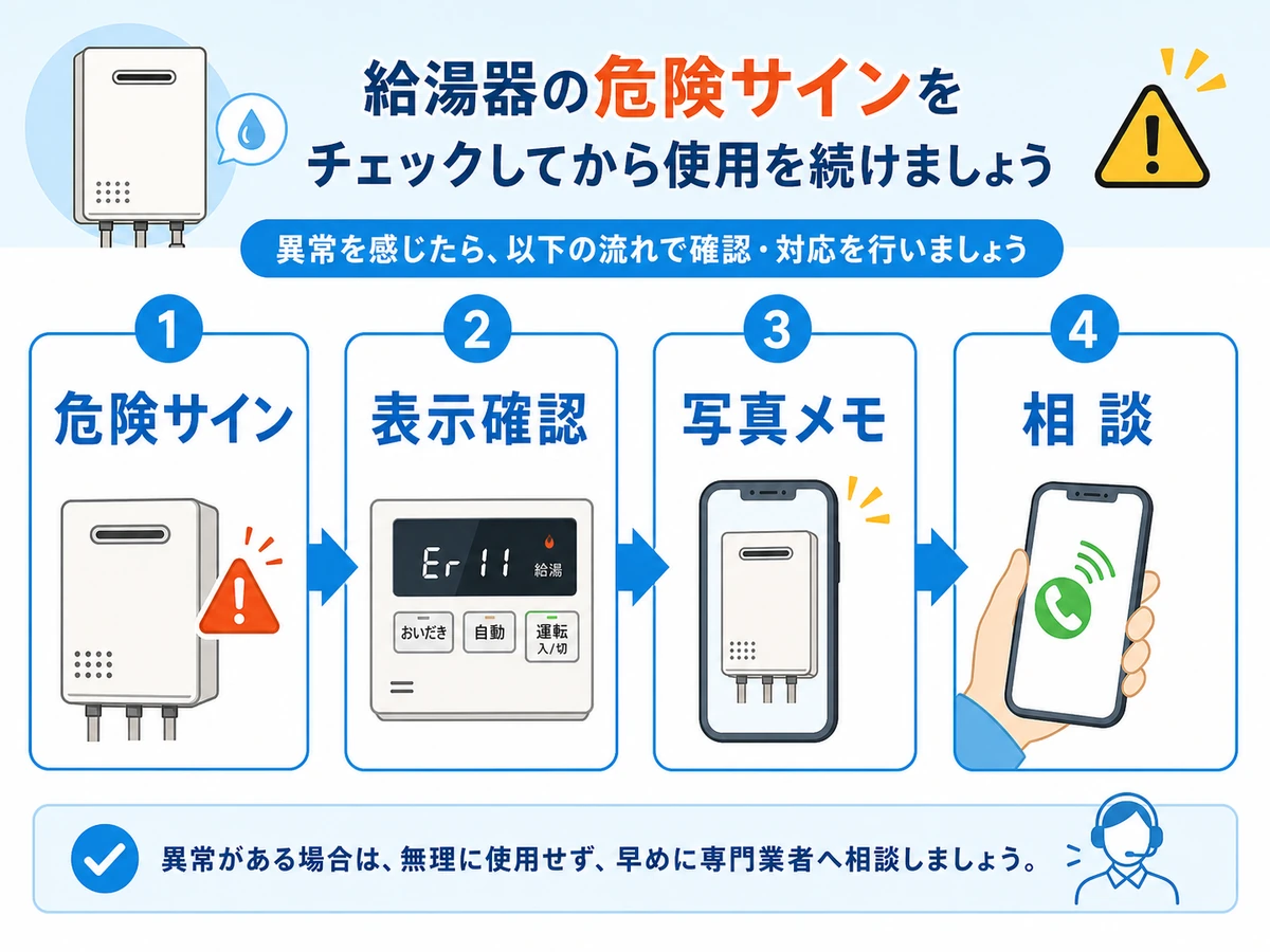 給湯器の危険サインから表示確認、写真メモ、相談までの流れを示す本文画像