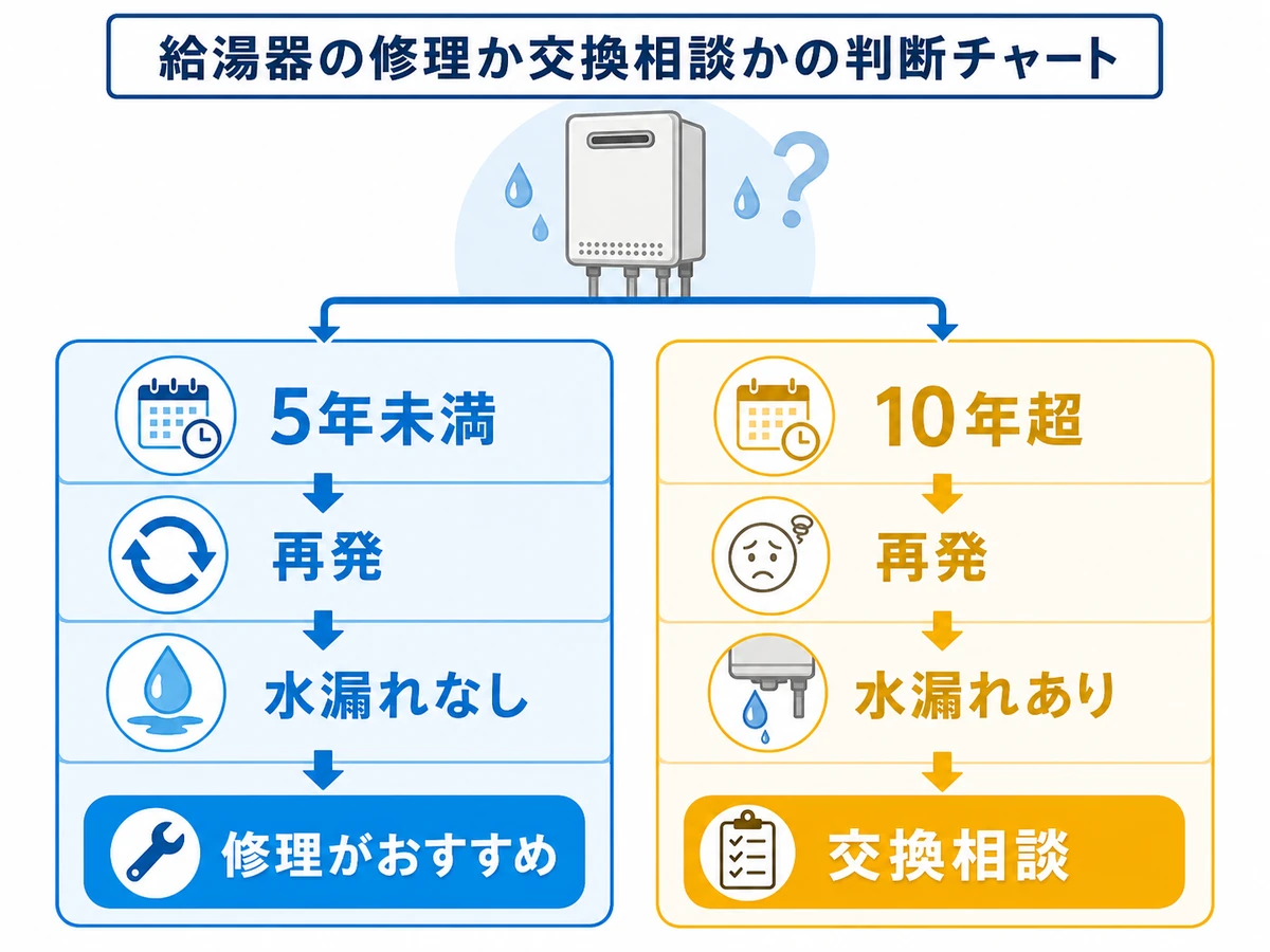 給湯器の修理か交換相談かを使用年数と再発で分ける本文画像