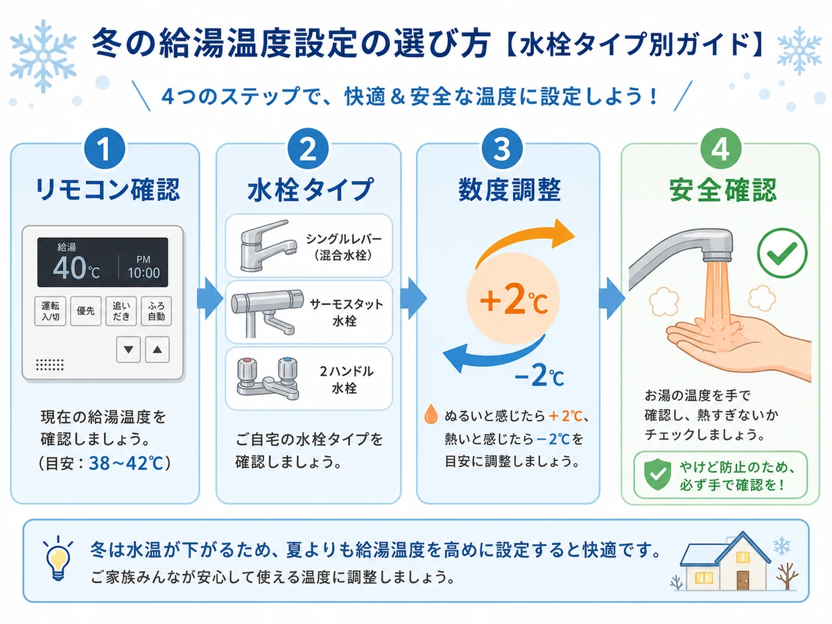 水栓タイプと季節に合わせて給湯温度を確認する流れ