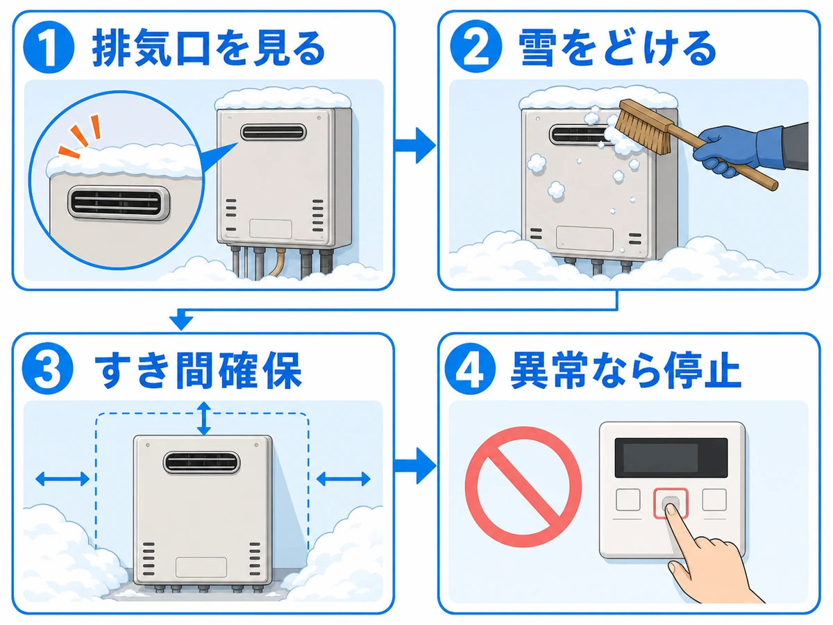 給湯器の排気口に雪があるときの除雪確認手順