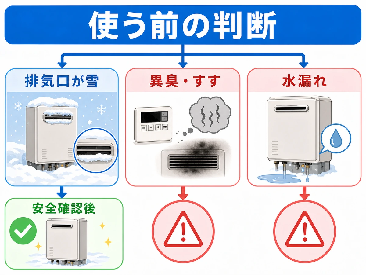 除雪後に給湯器を使ってよいか判断する危険サイン