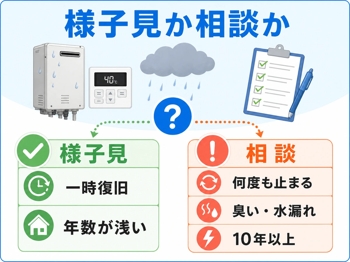 給湯器の雨の日不具合を様子見するか相談するかの判断図