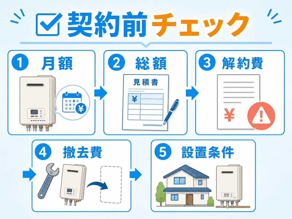 給湯器リース契約前に月額・総額・解約費・撤去費・設置条件を確認する流れ