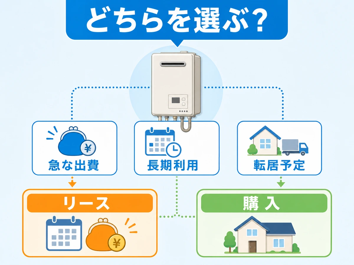 急な出費・長期利用・転居予定から給湯器リースと購入を選ぶ判断チャート