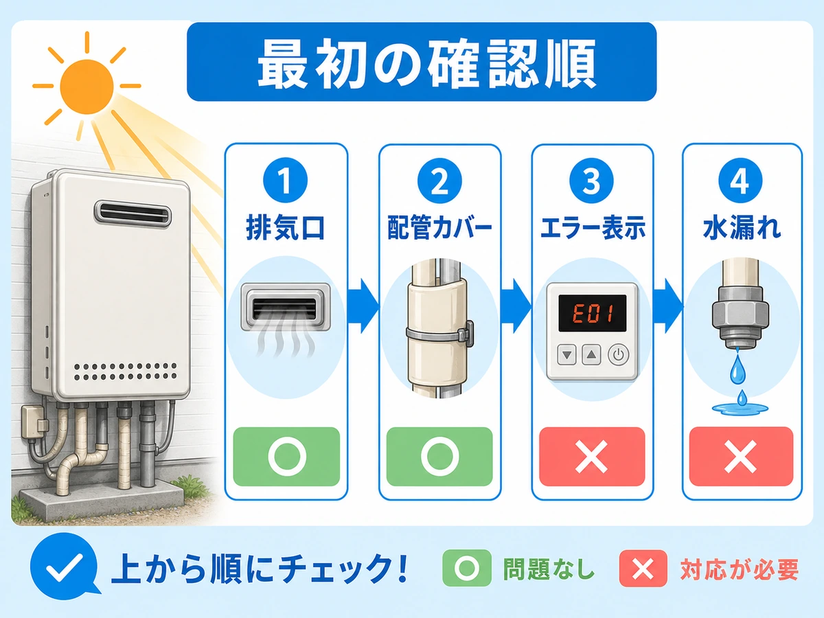 給湯器の直射日光対策前に排気口や配管カバーを確認する流れ