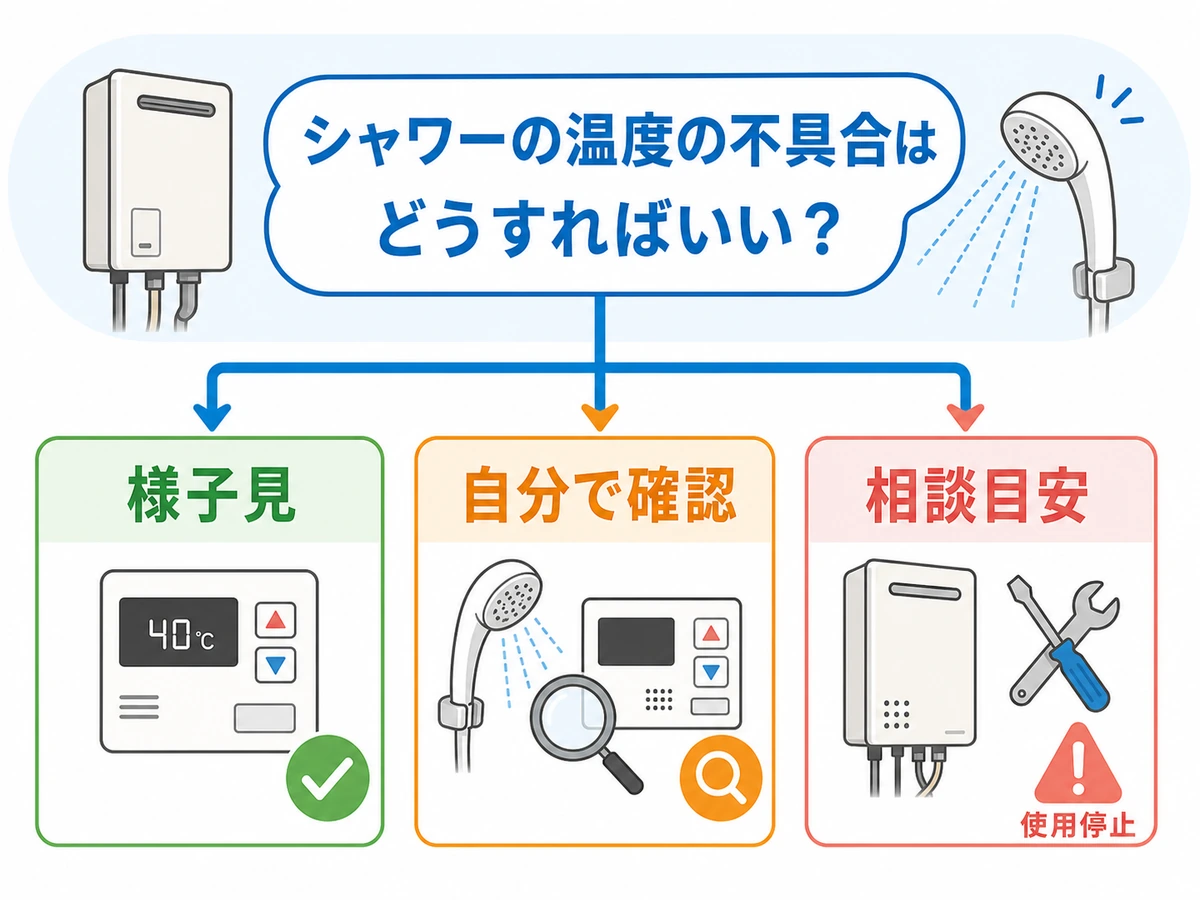 シャワー温度の不具合で様子見か相談かを分ける判断図