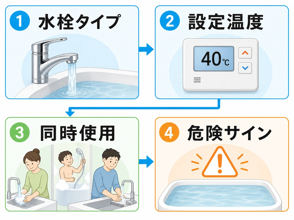 水栓タイプ、設定温度、同時使用、危険サインを順に確認する流れ