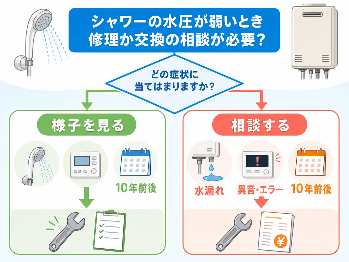 シャワーの水圧低下で様子を見るか相談するかを判断する図