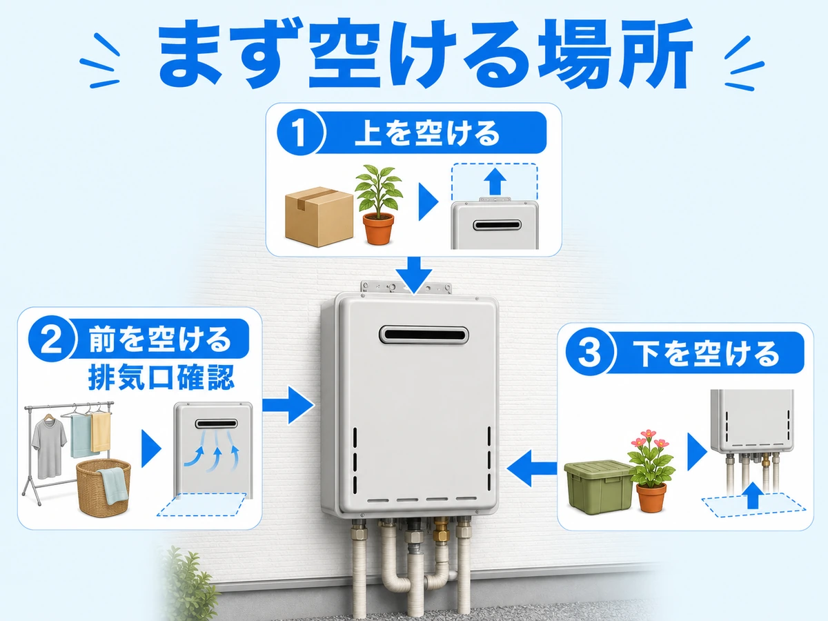 給湯器の上、前、下を順番に空ける確認手順