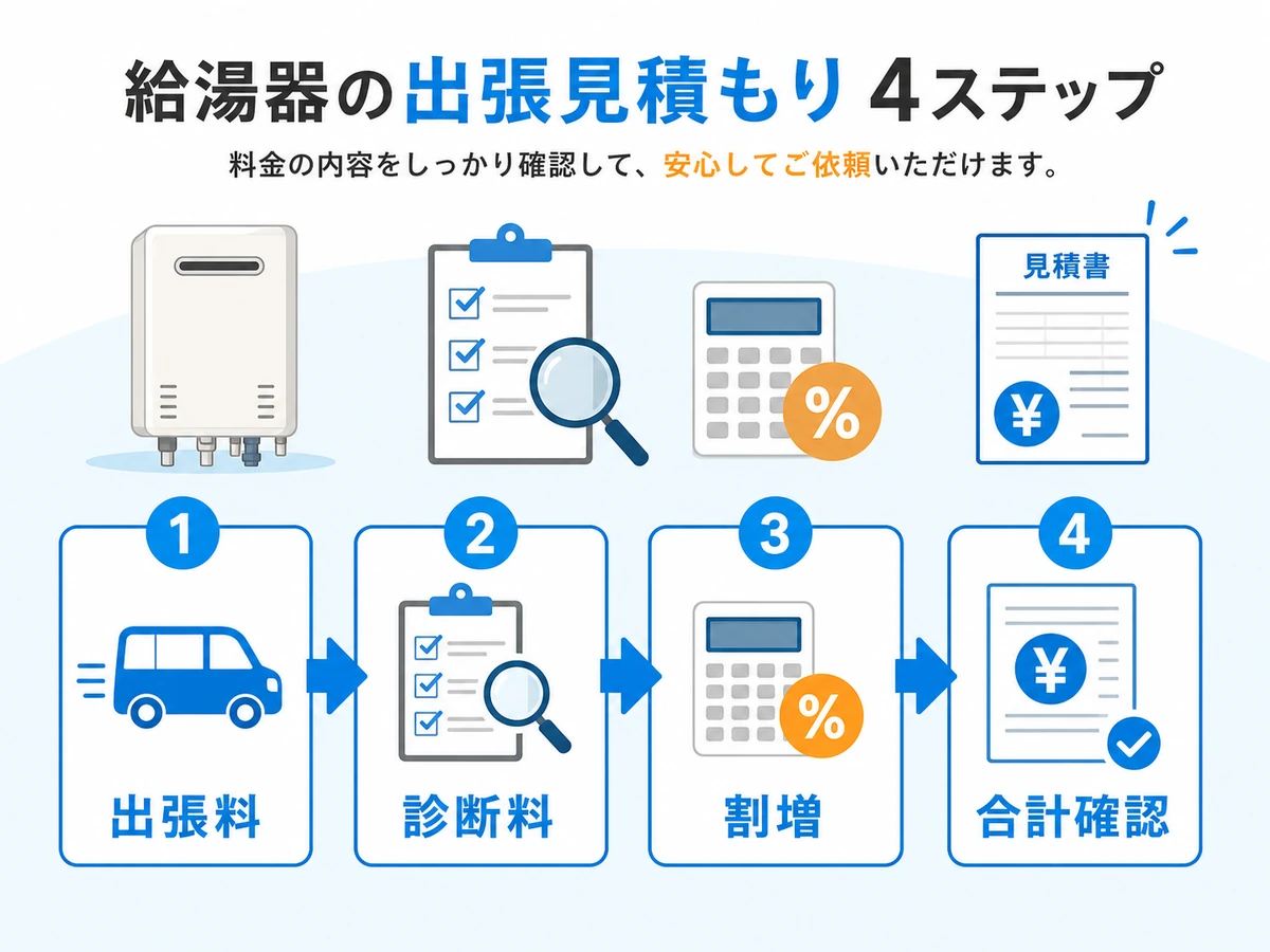 給湯器修理の出張料、診断料、割増、合計確認の流れ