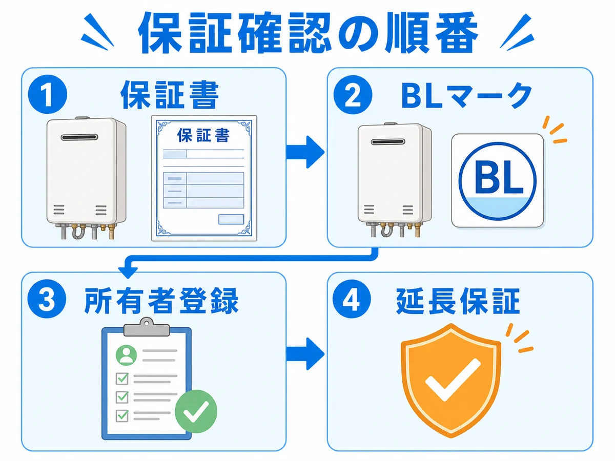 給湯器の保証書、BLマーク、所有者登録、延長保証の確認順