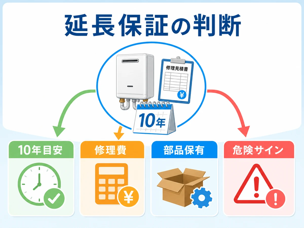 給湯器の延長保証を10年目安、修理費、部品保有、危険サインで判断する図