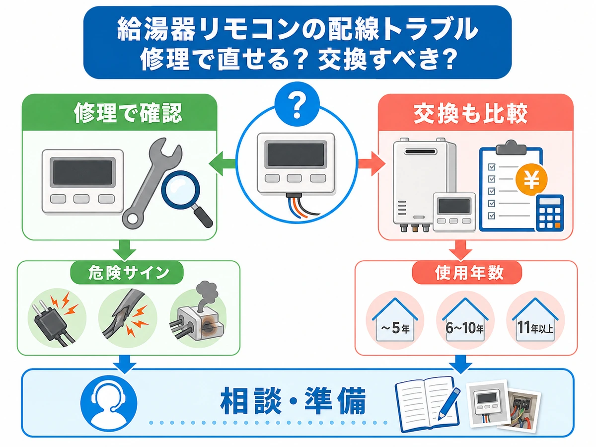 給湯器リモコン線の不具合で修理確認と交換比較を分ける判断図