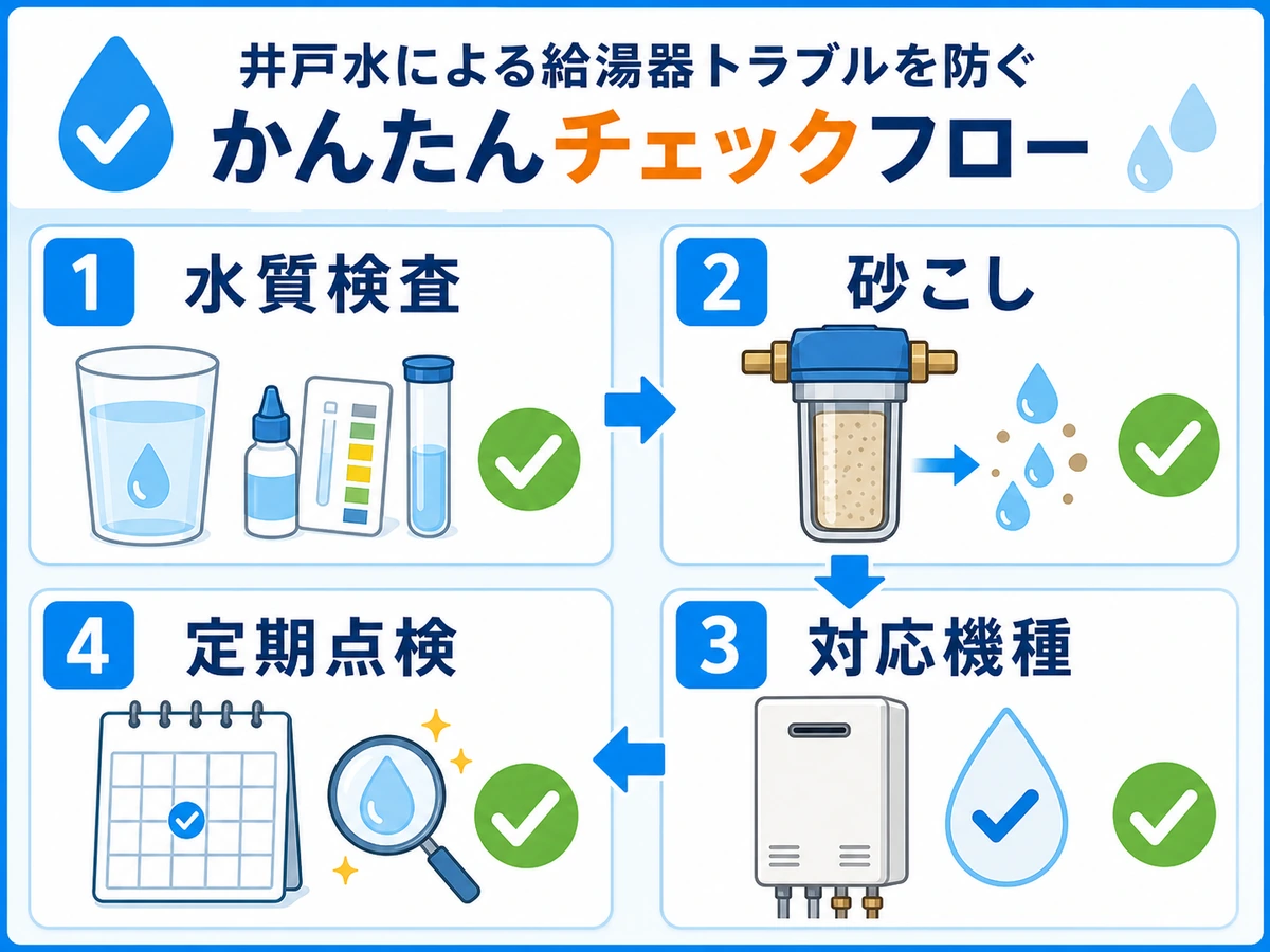 井戸水で給湯器トラブルを防ぐための水質検査、砂こし、対応機種、定期点検の確認順