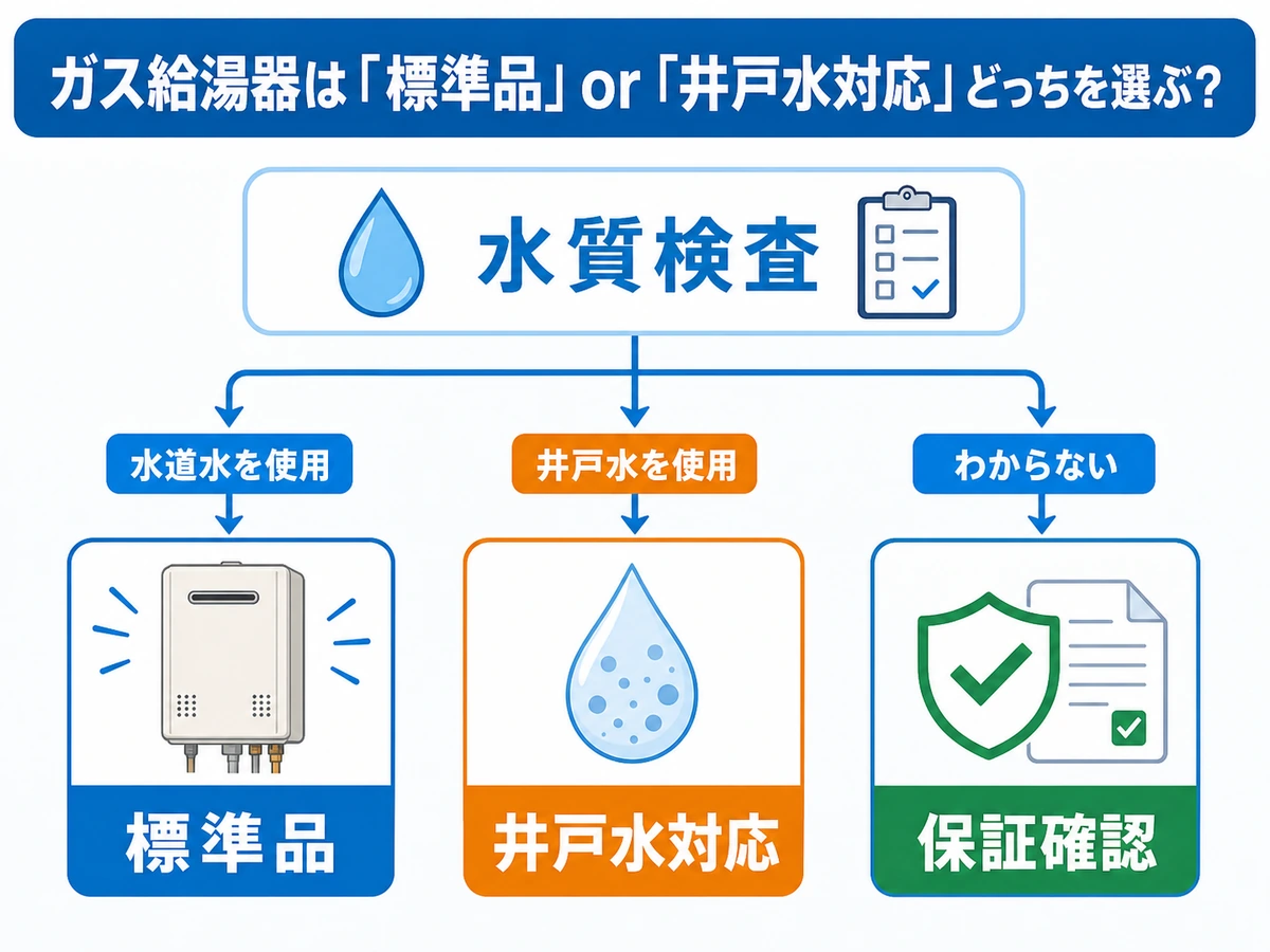 ガス給湯器を標準品か井戸水対応機種かで判断する流れ