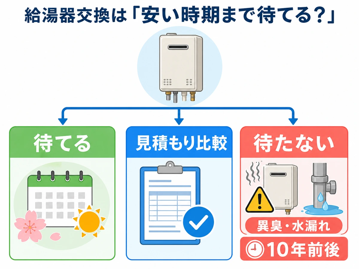 給湯器の安い時期を待てるか判断する流れ