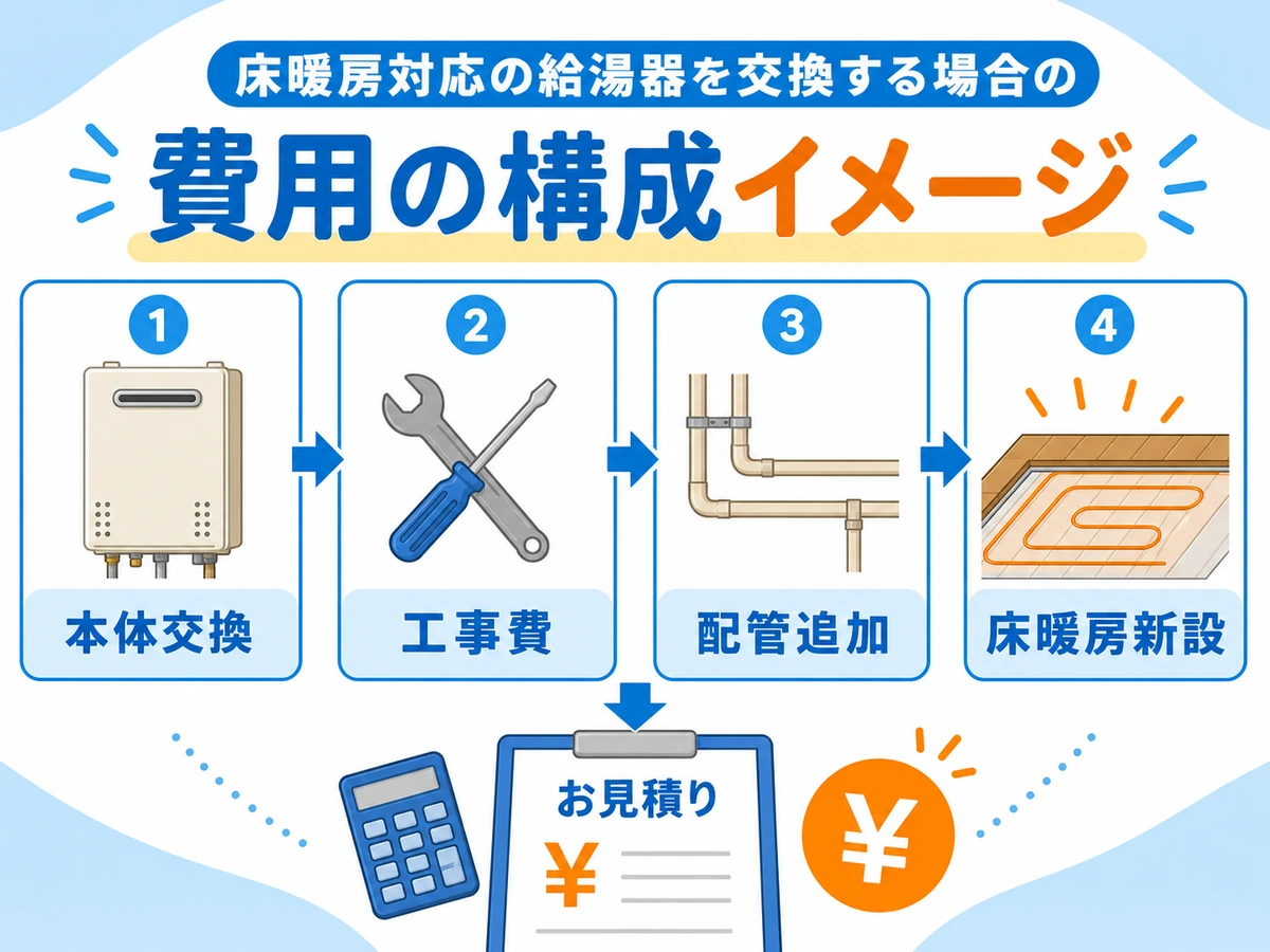 床暖房の給湯器交換費用で本体交換、工事費、配管追加、床暖房新設を確認する図
