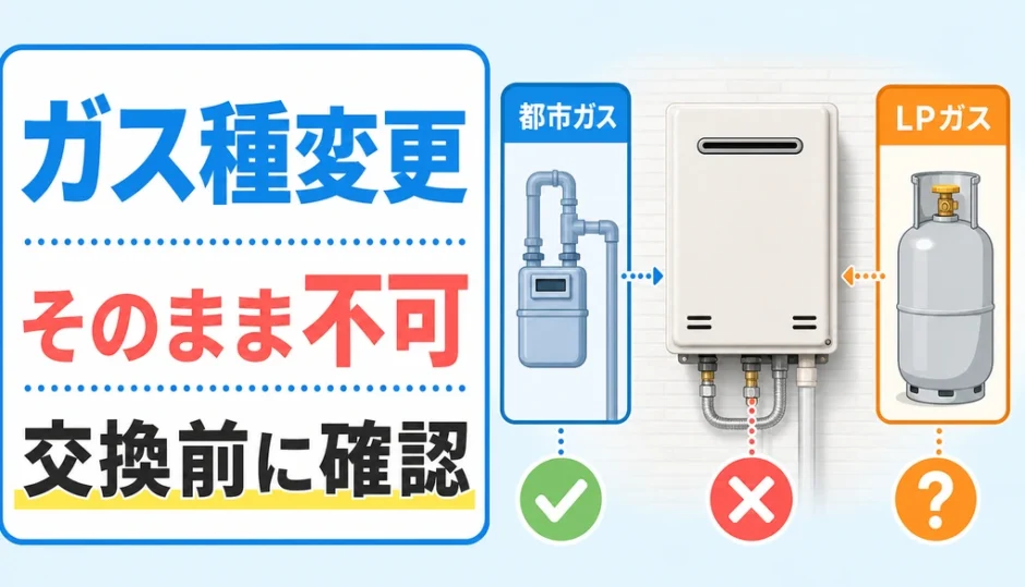 都市ガスからプロパンガスへ変わる前に給湯器のガス種確認が必要なことを示す図