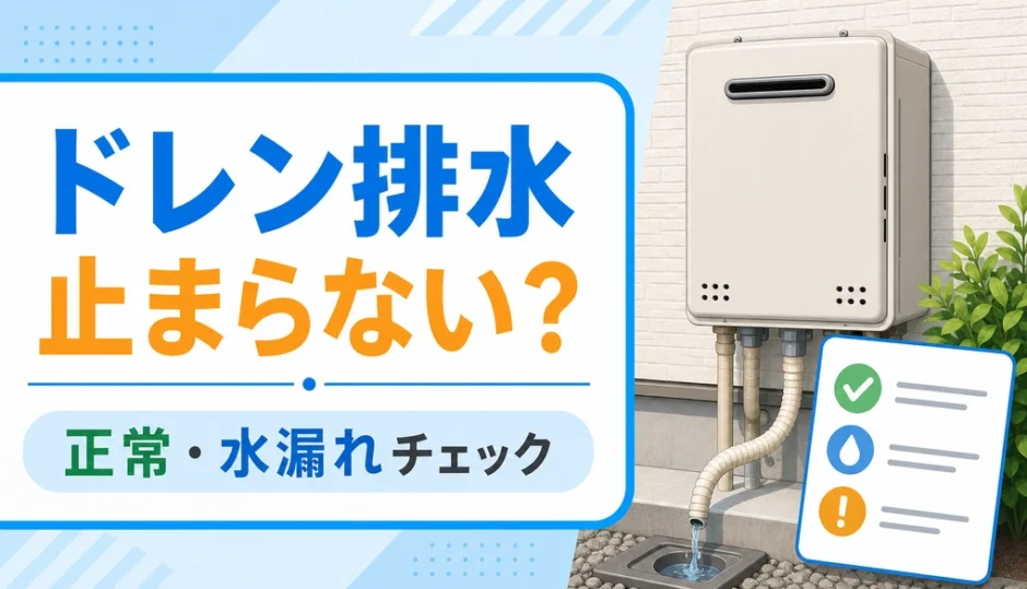 給湯器のドレン排水が止まらない時の正常・水漏れチェックを示すサムネイル