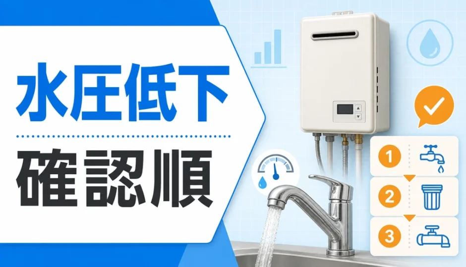 給湯器の水圧低下で最初に確認する順番を示すサムネイル