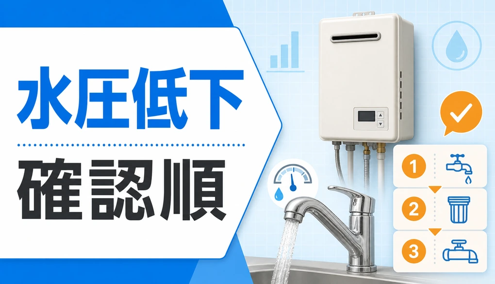 給湯器の水圧低下で最初に確認する順番を示すサムネイル