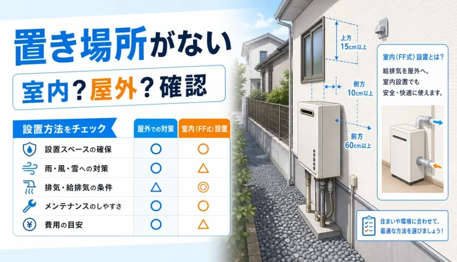 狭小住宅で給湯器の設置場所を確認するための室内設置と屋外対策の図