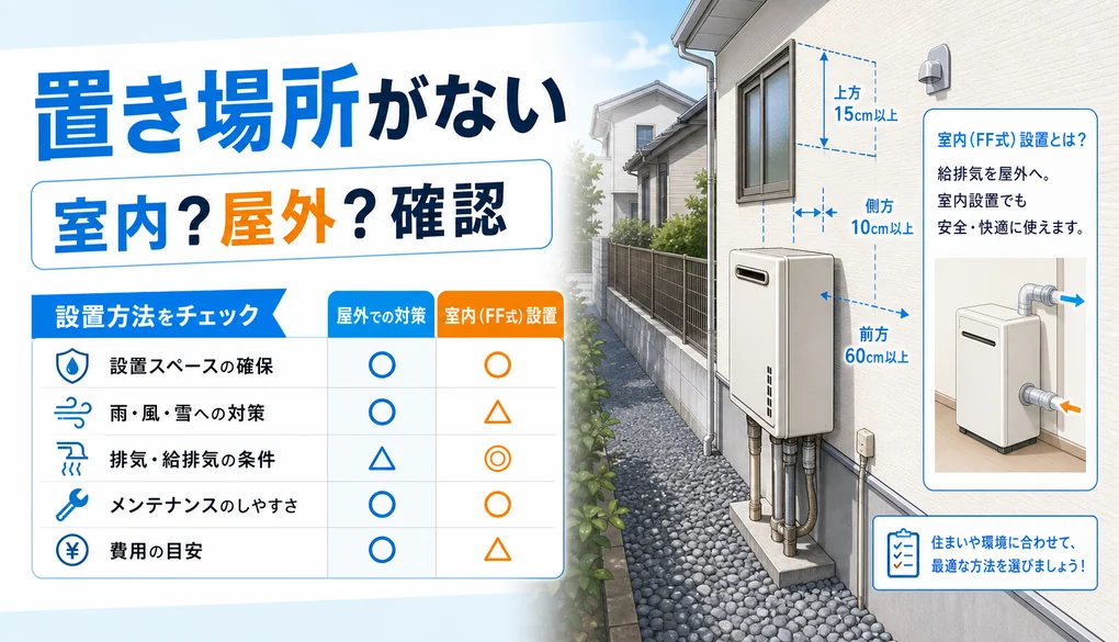 狭小住宅で給湯器の設置場所を確認するための室内設置と屋外対策の図
