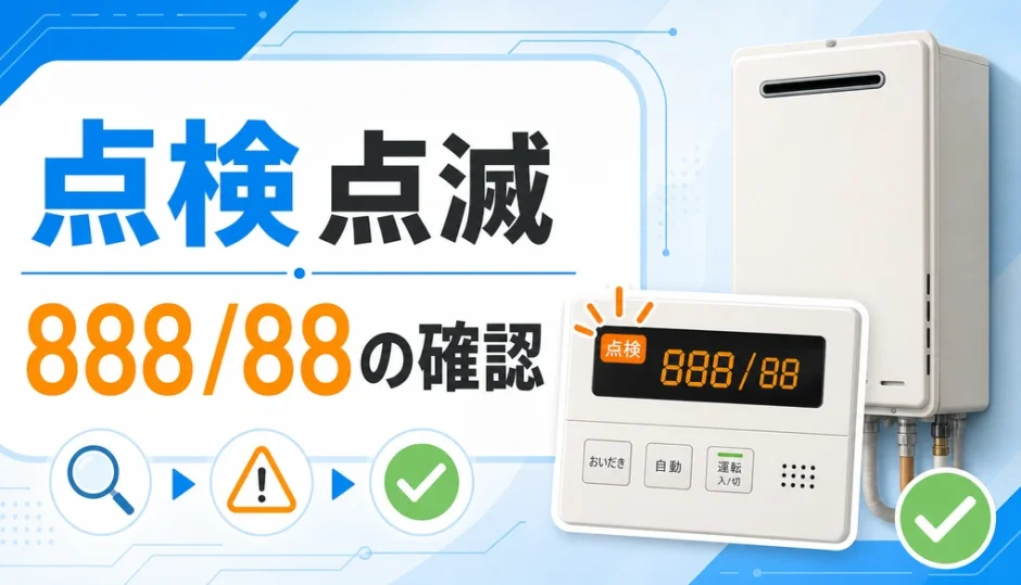 給湯器の点検マーク点滅と888/88表示を確認するイメージ