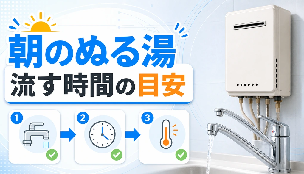朝一番のお湯がぬるい時に流す時間の目安を示す給湯器サムネイル