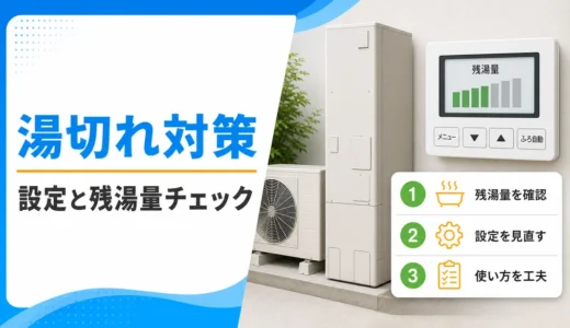 エコキュートの湯切れ対策として設定と残湯量を確認するイメージ