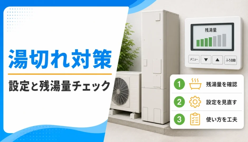 エコキュートの湯切れ対策として設定と残湯量を確認するイメージ