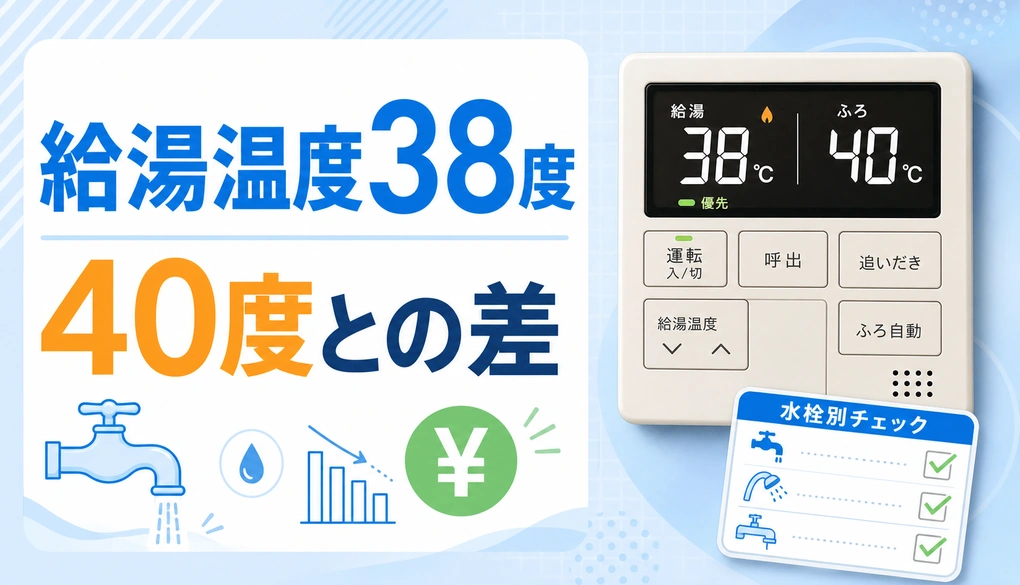 給湯温度38度と40度の差と水栓別チェックを示すサムネイル