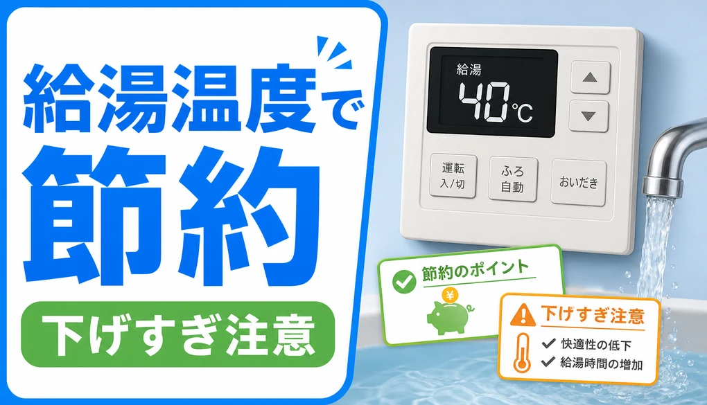 給湯温度の節約設定を示す給湯器リモコンとチェックリスト