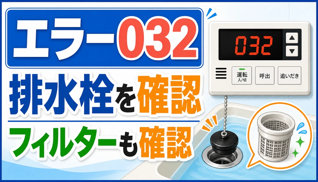 給湯器エラー032で排水栓とフィルターを確認する案内画像