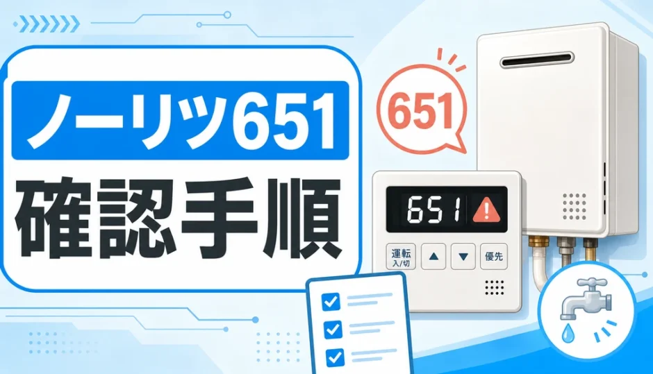 ノーリツ651エラーの確認手順を示す給湯器リモコンと水栓の図