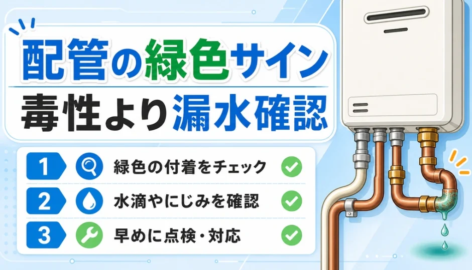 給湯器まわりの配管の緑色サインと漏水確認の目安