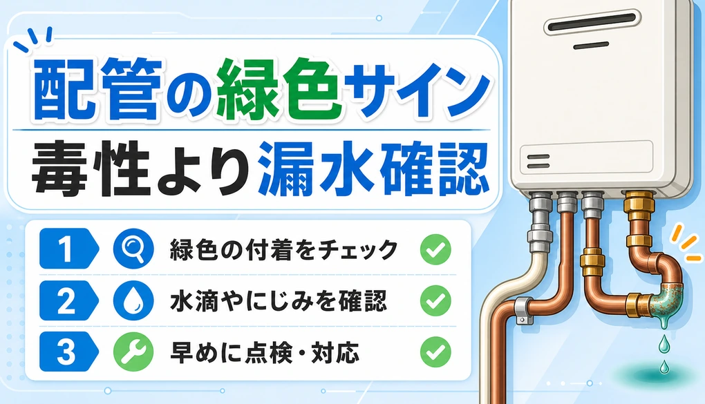 給湯器まわりの配管の緑色サインと漏水確認の目安