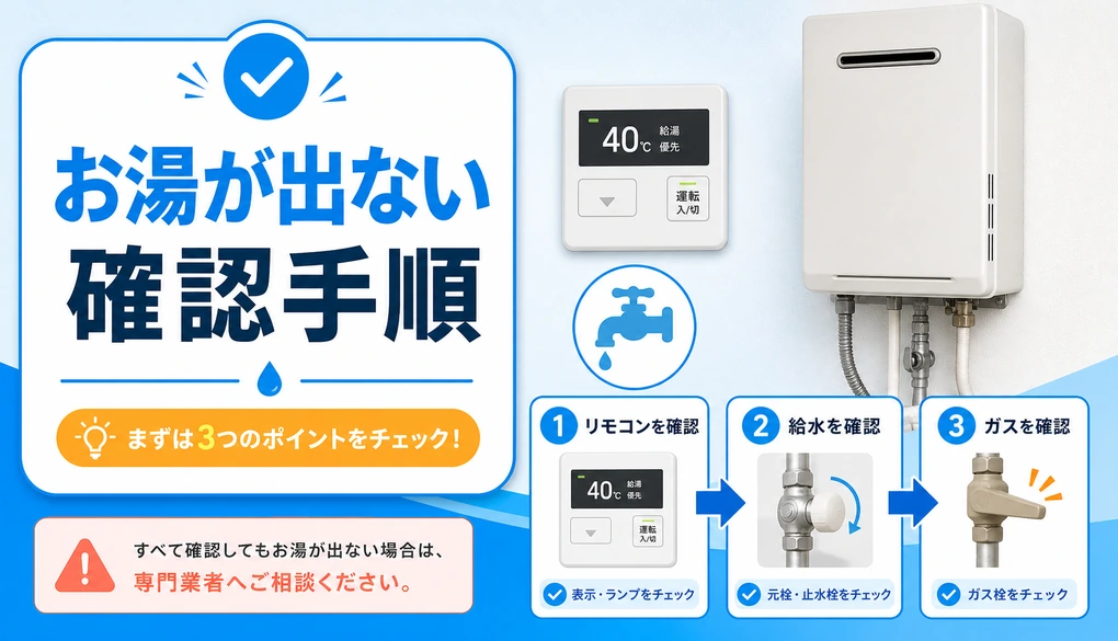 給湯機でお湯が出ない時の確認手順を示すサムネイル