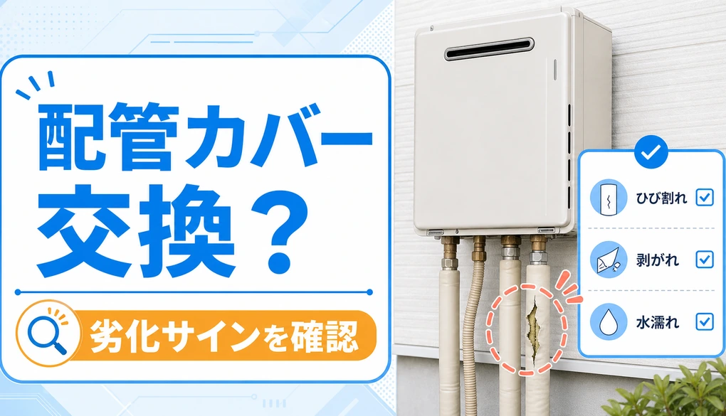 劣化した給湯器配管カバーの交換判断を示す図解