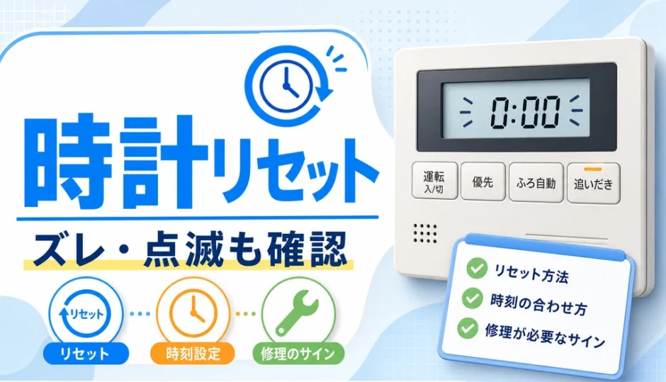 給湯器リモコンの時計リセットと点滅確認のイメージ