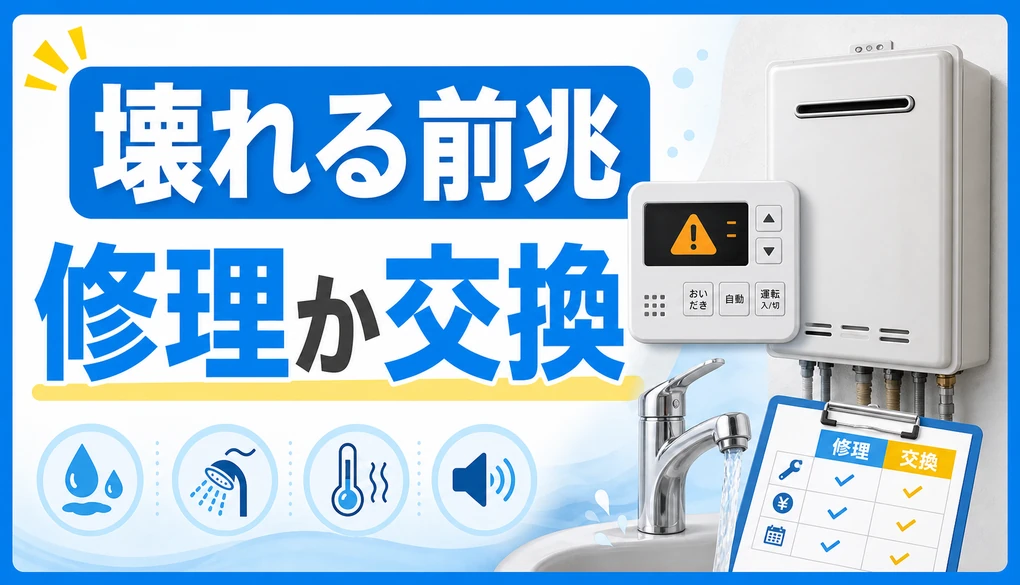 給湯器が壊れる前兆と修理か交換かの判断を示すサムネイル