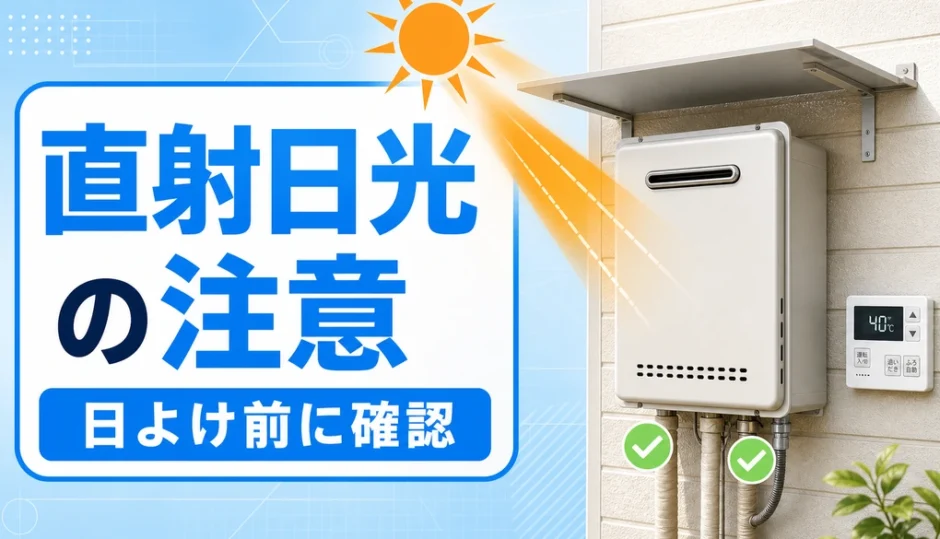 給湯器の直射日光対策で排気口と日よけ前の確認を示す画像