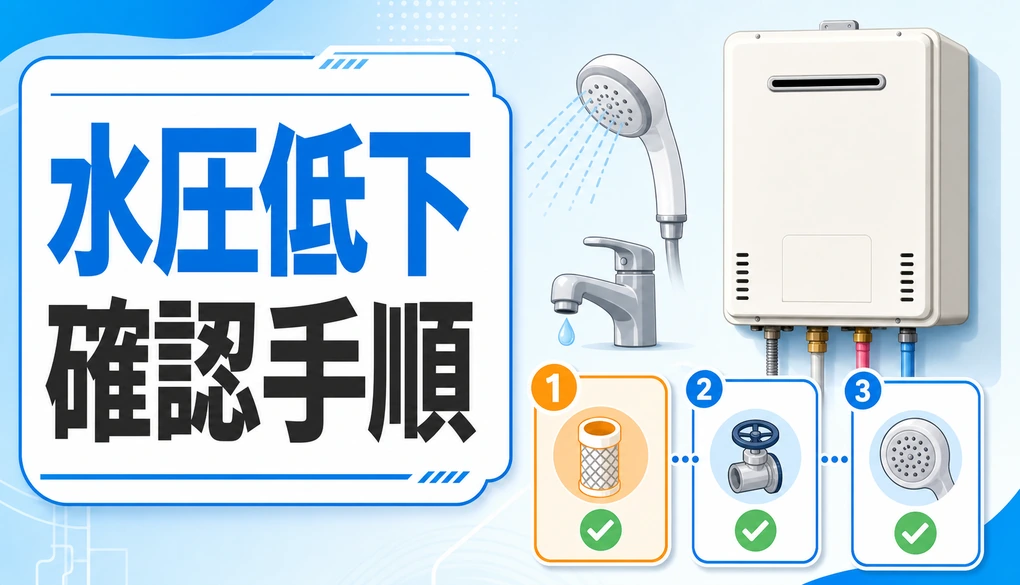 給湯器の水圧低下でシャワーの出が悪いときの確認手順を示すサムネイル