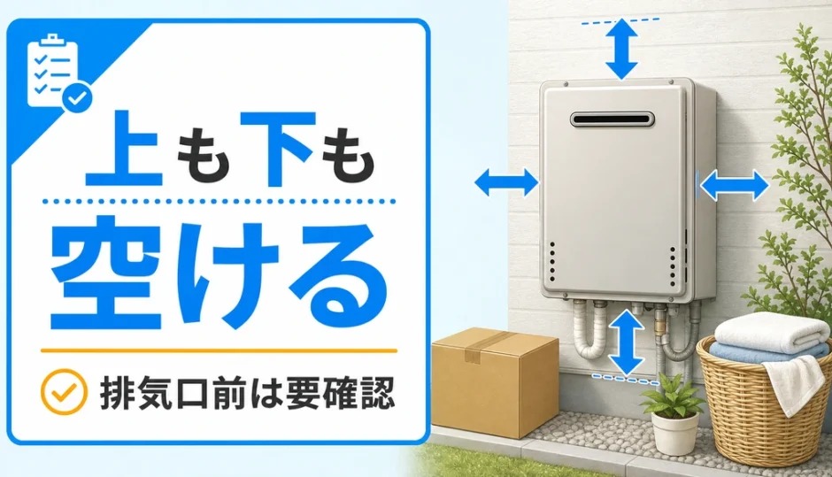 給湯器の上や下、排気口前を空ける必要を示すサムネイル