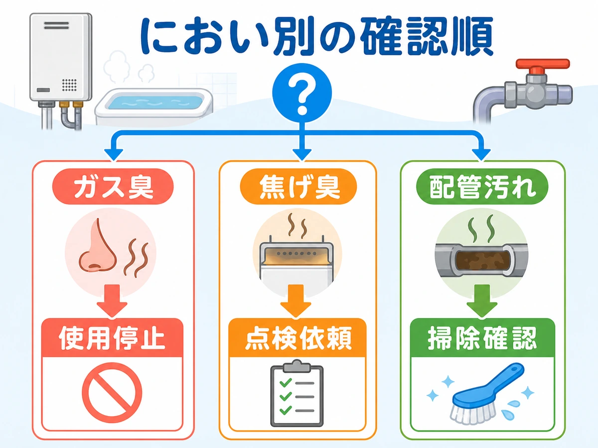 湯船のお湯のにおいをガス臭、焦げ臭、配管汚れに分けて確認する図