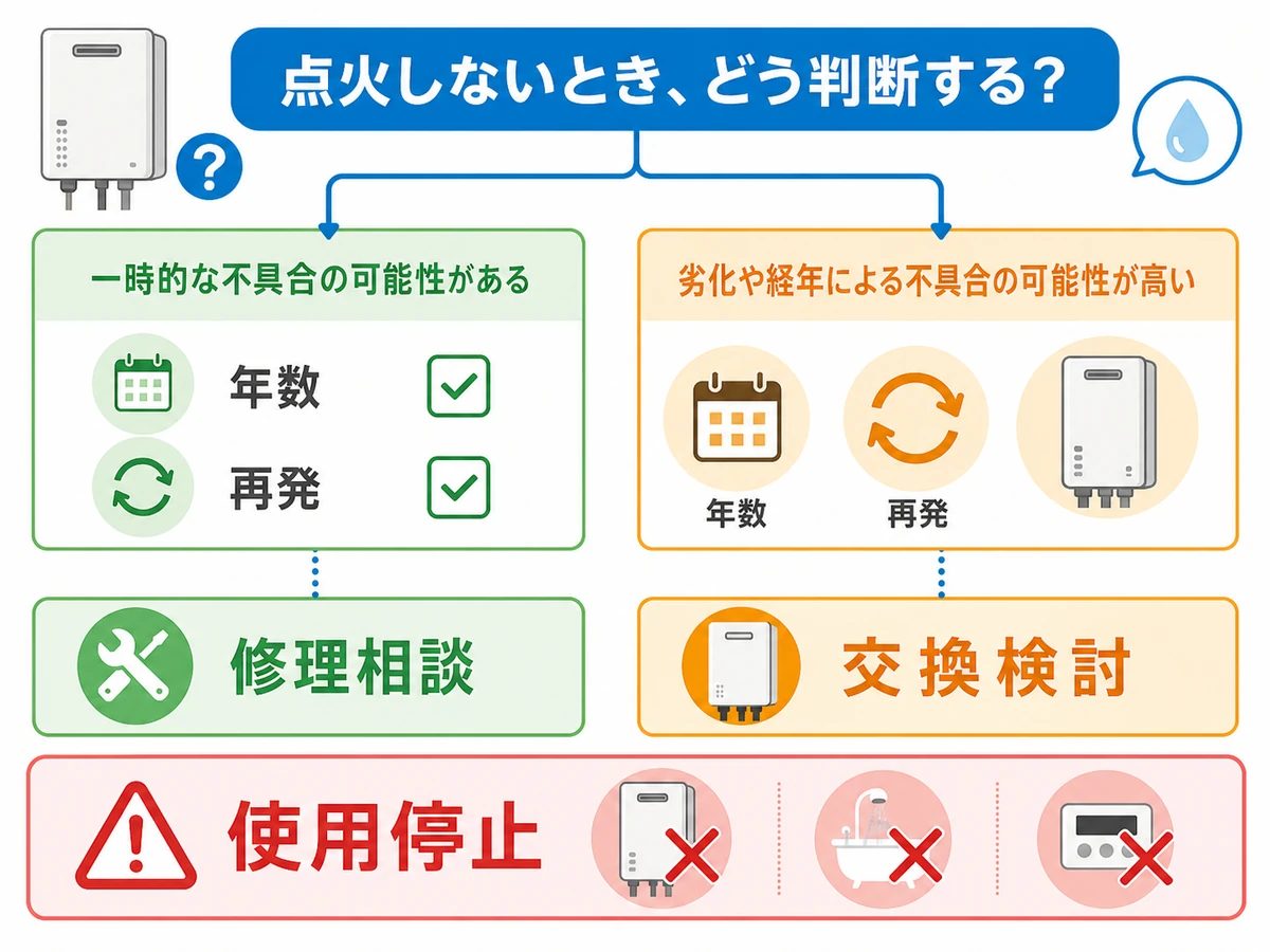 給湯器が点火しない時に使用停止、修理相談、交換検討を分ける判断図
