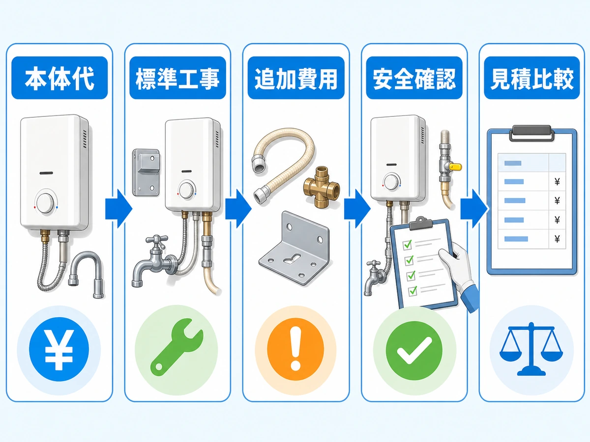 湯沸かし器の本体代、標準工事、追加費用、安全確認を分けて見る図